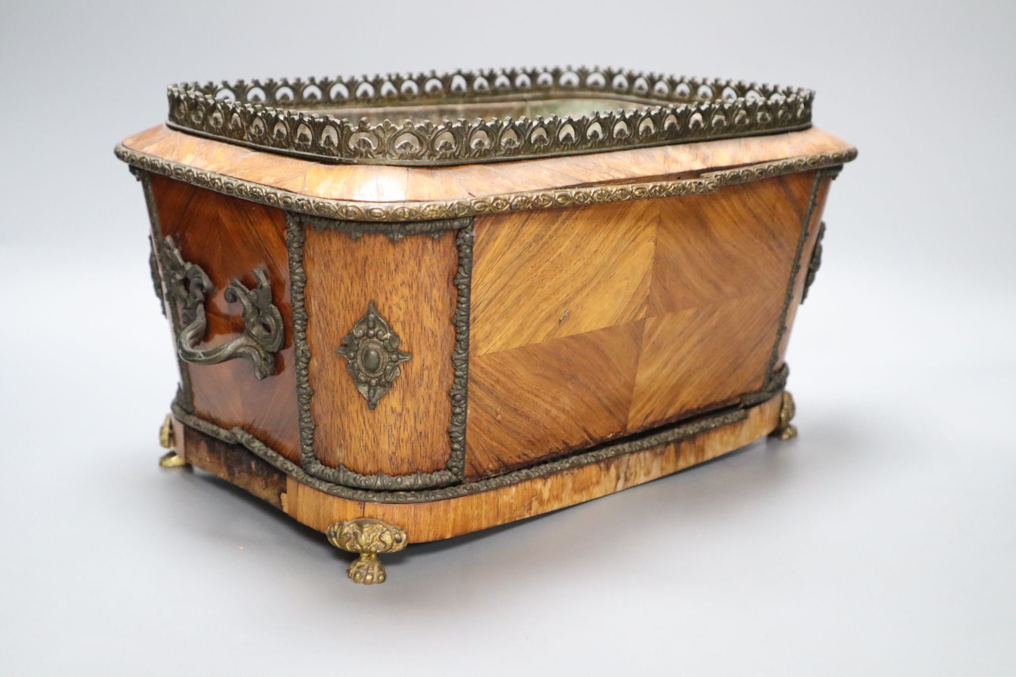 A French kingwood brass mounted planter with porcelain cartouche, 18cm